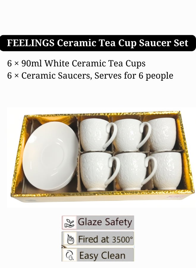 Feelings Elegant Ceramic Coffee Cup & Saucer Set – 12 pieces, includes 6 x 85ml Ceramic Cups + 6 Ceramic saucers | Classic Coffee Tea Serving set - Image 4